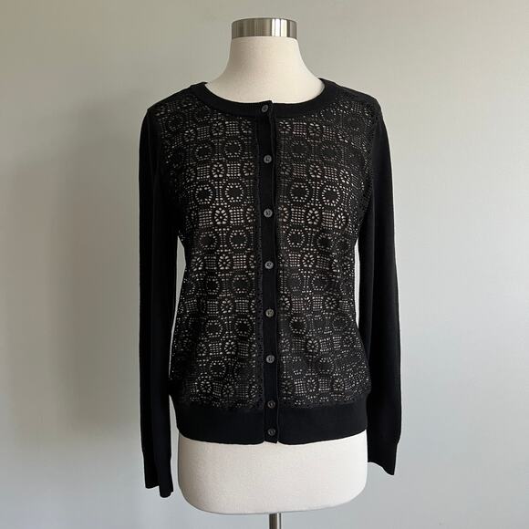 Banana Republic Lace Overlay Cardigan Sweater Black Nude Poly Wool Blend Medium - Picture 1 of 8